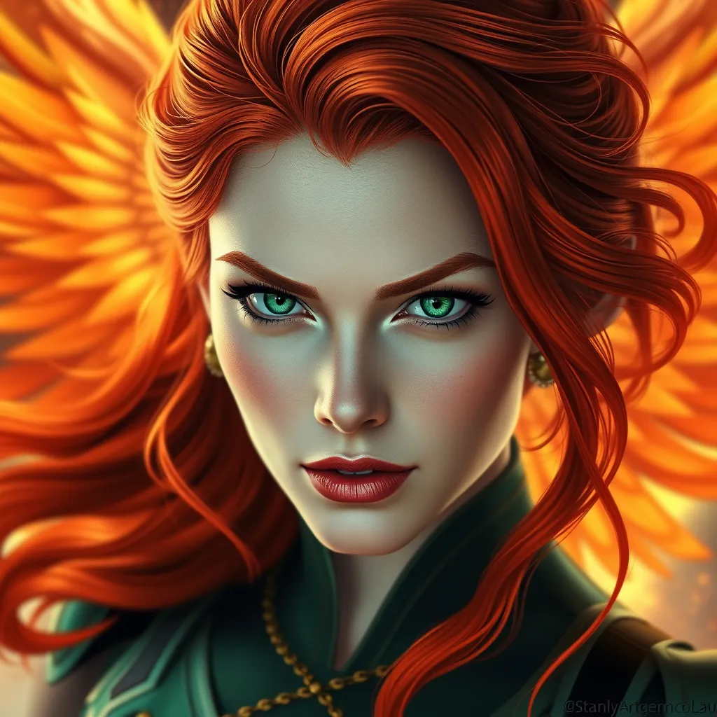 Portrait of Jean Grey, fiery red hair, emerald green eyes, powerful, elegant, phoenix fire in the background, intricate details, sharp focus, 8k