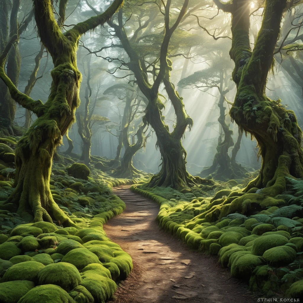 A mystical forest bathed in mist, ancient trees adorned with glowing moss, a path winding its way through the ethereal landscape, dappled sunlight, magical realism