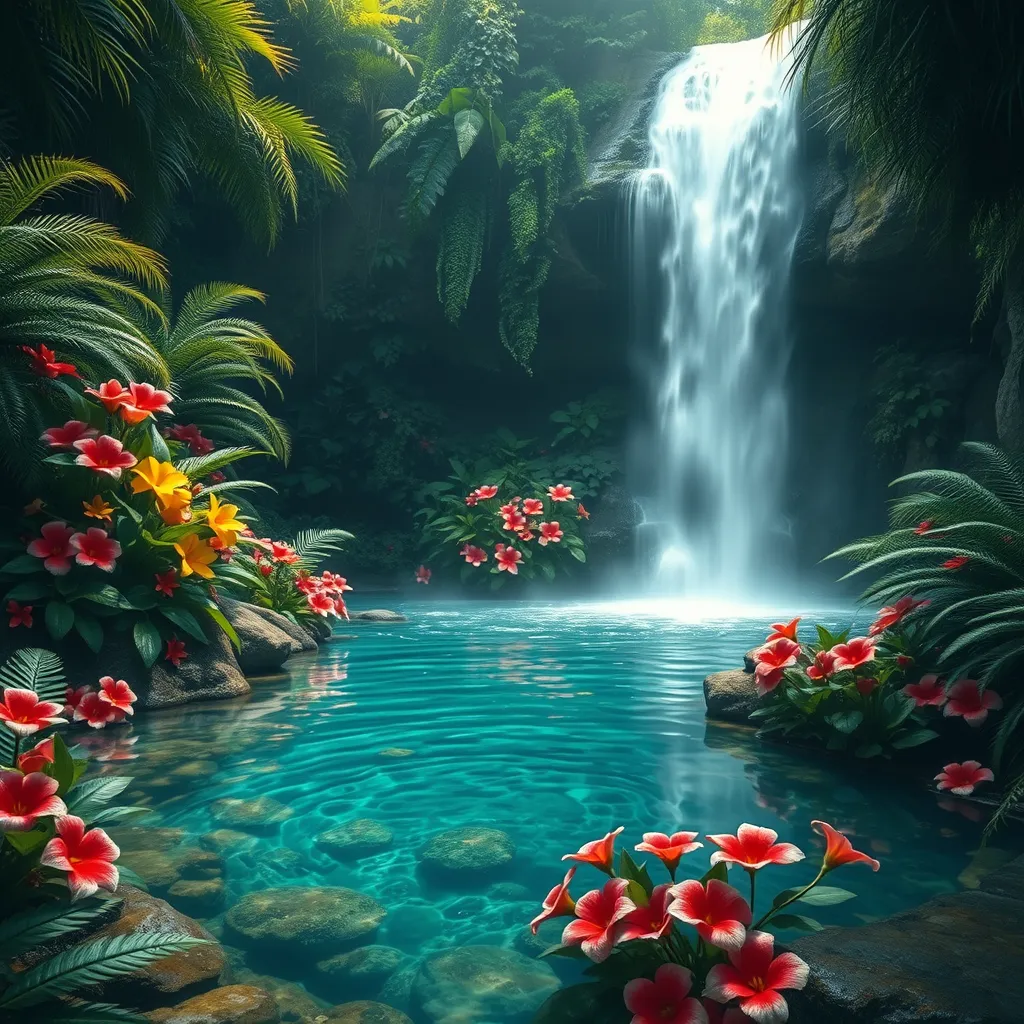 A hidden waterfall cascades into a crystal-clear pool surrounded by vibrant flowers and lush ferns. (Paradise, tropical, hidden oasis, untouched)