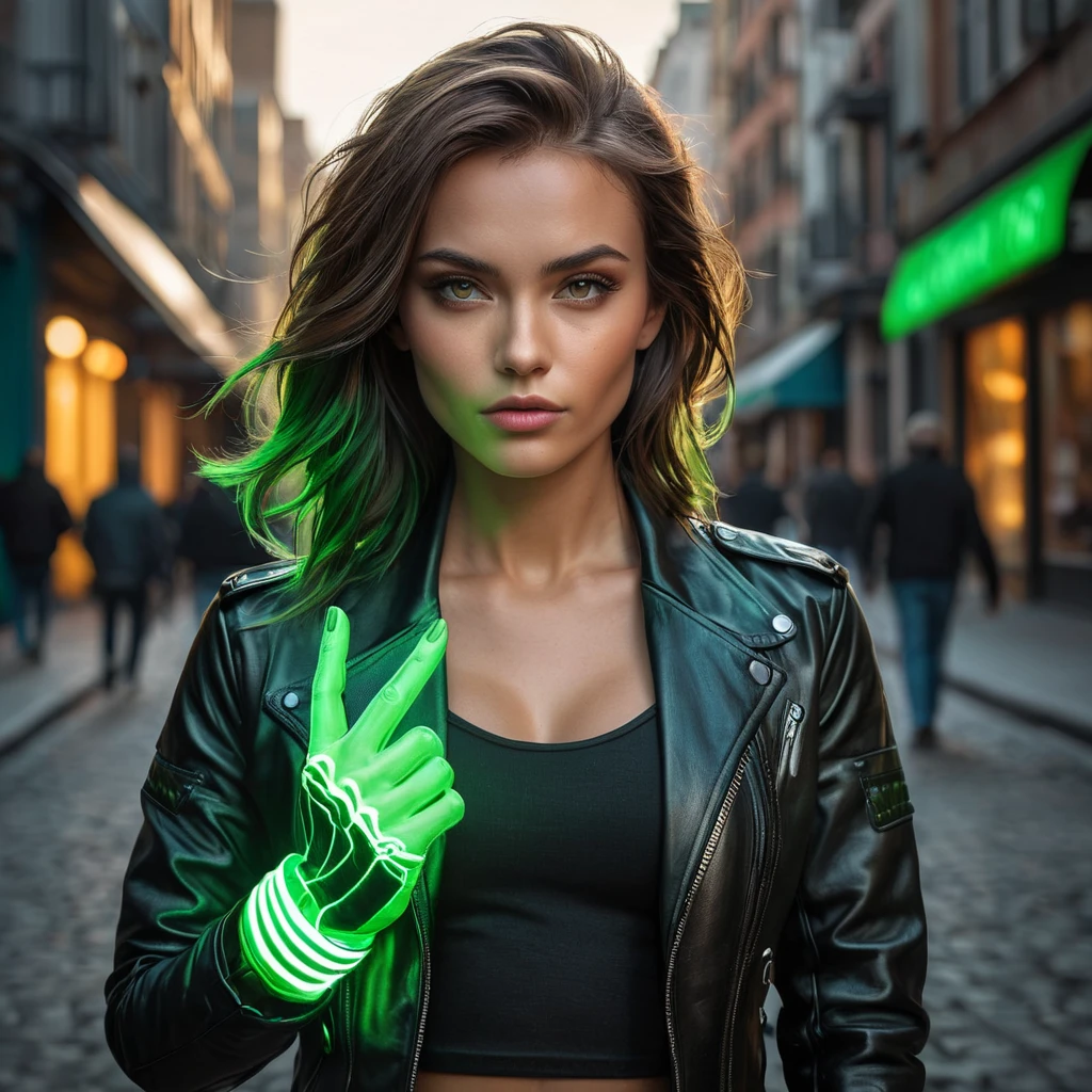 Rogue in a leather jacket, glowing green hands, defiant expression, rebellious attitude, urban setting, street art style, vibrant colors, cinematic lighting