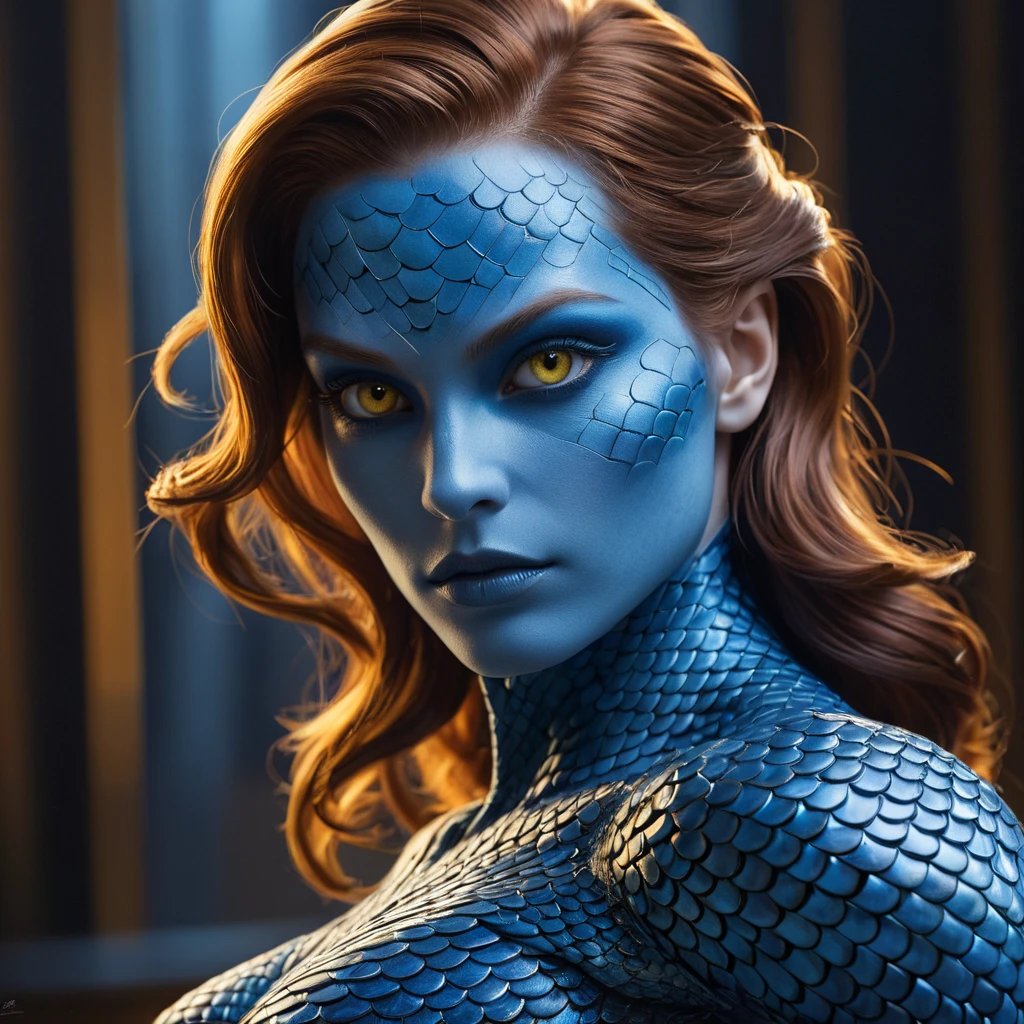 Mystique shifting into form, blue scales transforming into smooth skin, piercing yellow eyes, a hint of mischief, dynamic pose, dramatic lighting, photorealistic