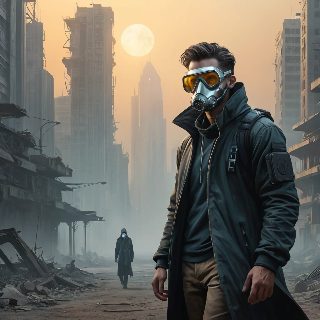 A cyberpunk dystopia, a desolate wasteland dotted with crumbling skyscrapers, the air thick with smog and radiation, a lone figure walks through the wasteland, their face obscured by a mask, carrying a flickering lantern.