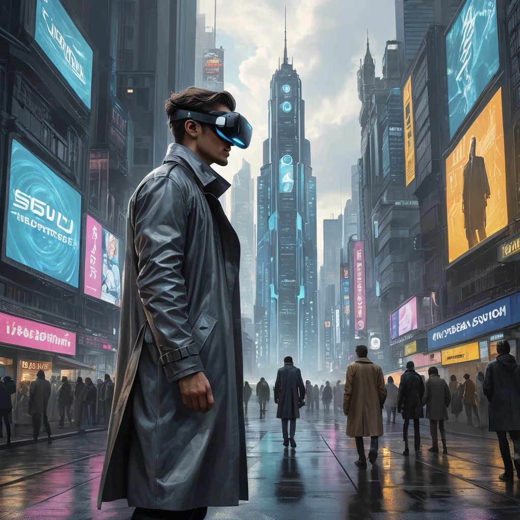 A cyberpunk cityscape, a giant holographic advertisement for a virtual reality game dominates the skyline, people wearing VR headsets walk down the street, their eyes glazed over, a lone figure in a trench coat walks past, a look of defiance on their face.