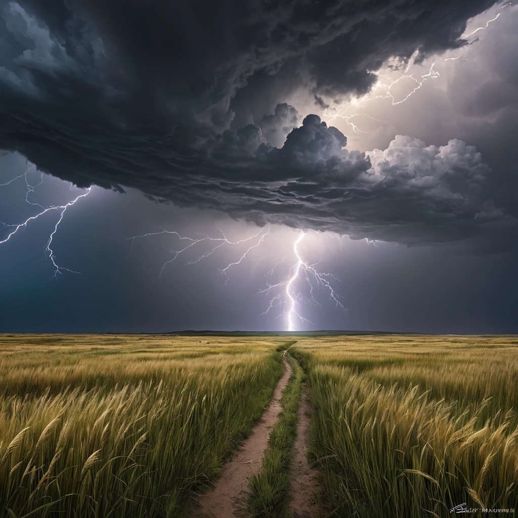A vast, open prairie under a dramatic thunderstorm, with lightning bolts illuminating the dark clouds and the tall grass swaying in the strong winds.