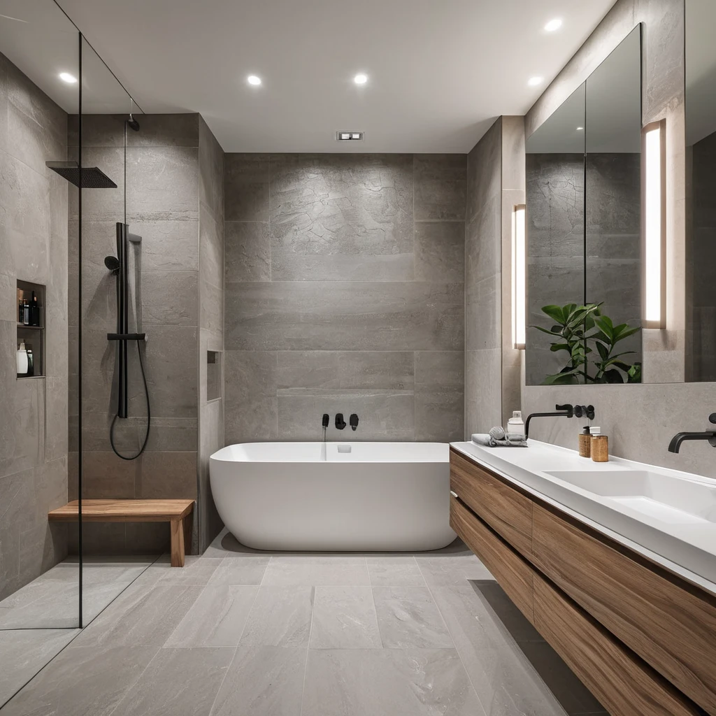 A modern bathroom with a large, walk-in shower featuring a rainfall shower head, a floating vanity with a sleek sink and mirror, and a heated towel rack. The room features a minimalist color palette with accents of warm wood and natural stone.