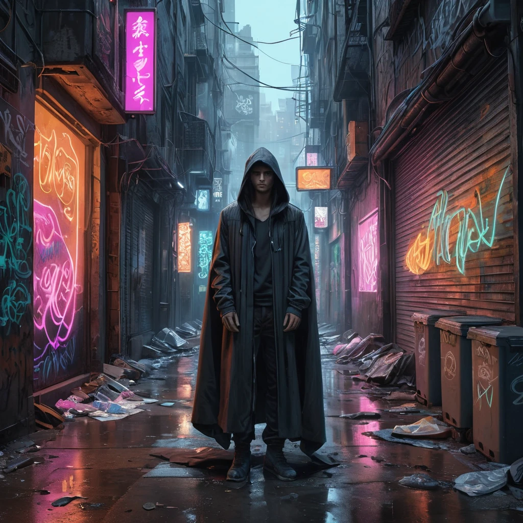 A decaying cyberpunk alleyway, graffiti-covered walls illuminated by flickering neon signs, a lone figure in a hooded cloak sifting through trash, the air thick with the smell of ozone and decay.