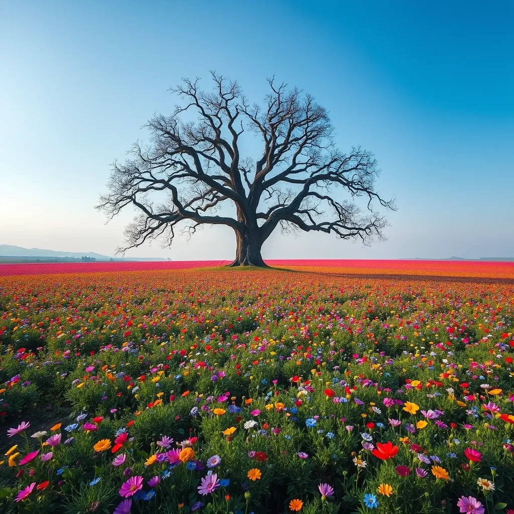 A field of vibrant wildflowers bursting into bloom, stretching as far as the eye can see. A solitary, ancient oak tree stands sentinel, its gnarled branches reaching out like protective arms.