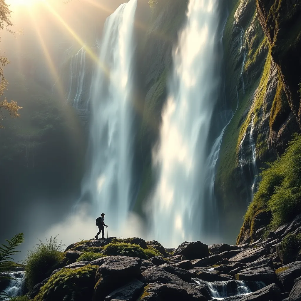 A majestic waterfall cascading down a sheer cliff face, sunlight illuminating the mist, creating a rainbow. Lush ferns and moss adorn the rocks, with a lone hiker silhouetted against the spray.