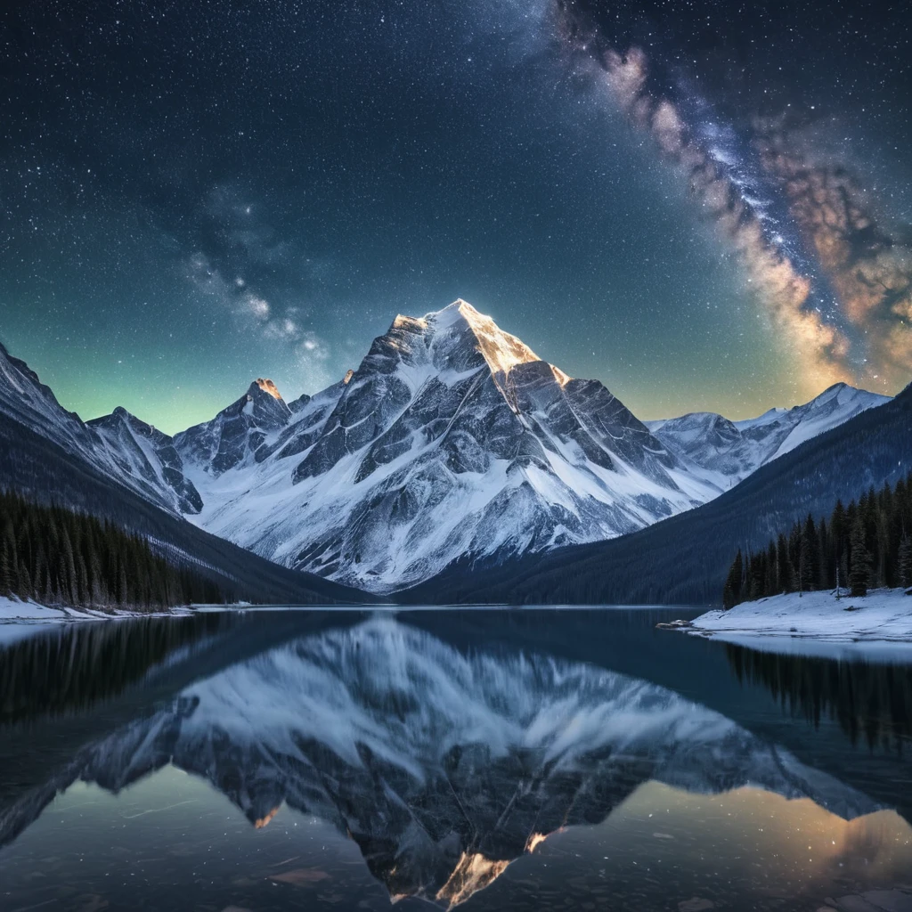 A snow-covered mountain range under a clear, starry night sky, with the Milky Way visible in the background and a frozen lake reflecting the celestial beauty.