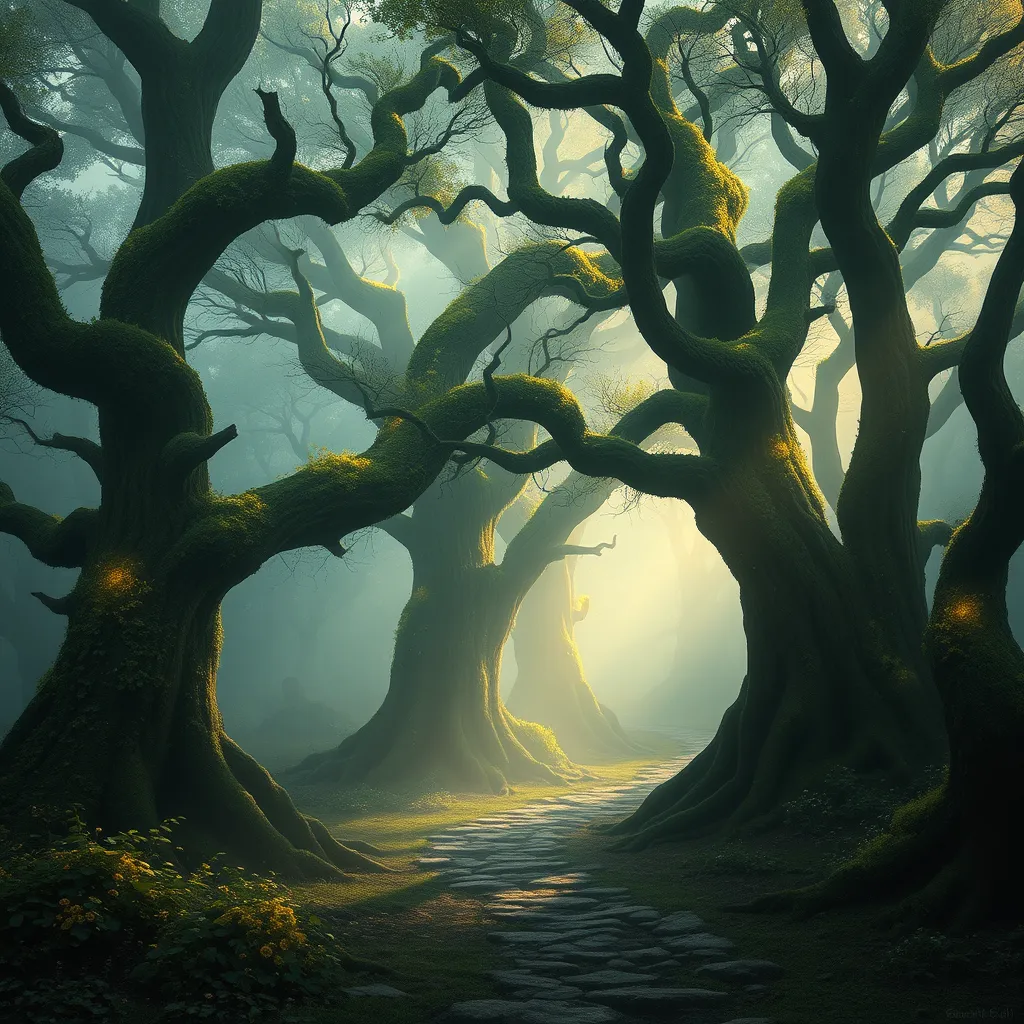 A mystical forest bathed in mist, ancient trees adorned with glowing moss, a path winding its way through the ethereal landscape, dappled sunlight, magical realism