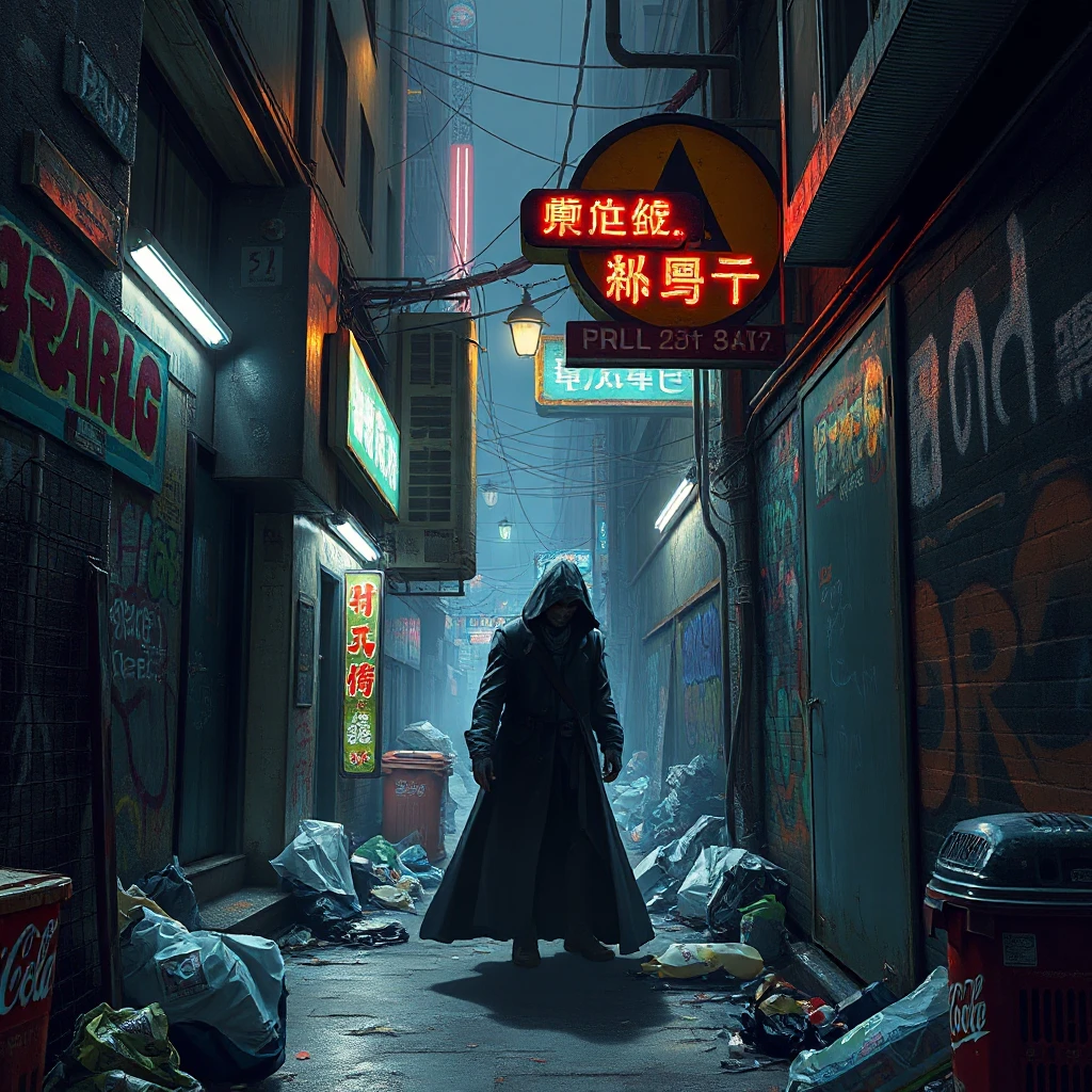 A decaying cyberpunk alleyway, graffiti-covered walls illuminated by flickering neon signs, a lone figure in a hooded cloak sifting through trash, the air thick with the smell of ozone and decay.