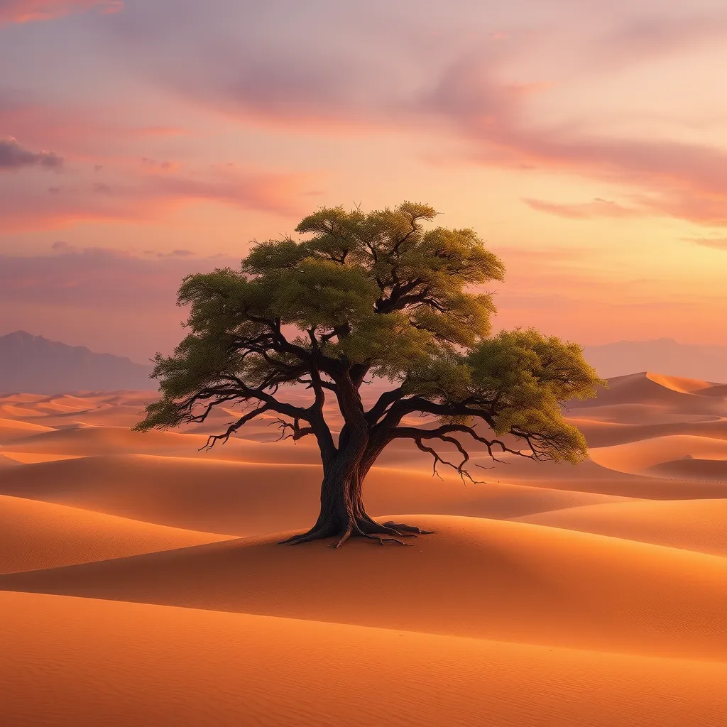 A vast, golden desert under a twilight sky, with dunes stretching endlessly, and a lone, ancient tree standing as a sentinel against the encroaching sands.