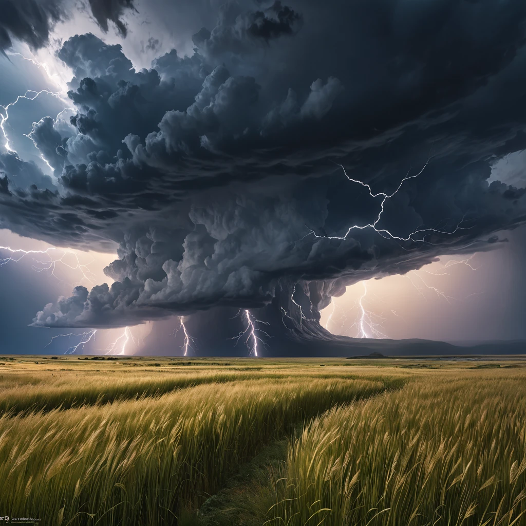 A vast, open prairie under a dramatic thunderstorm, with lightning bolts illuminating the dark clouds and the tall grass swaying in the strong winds.
