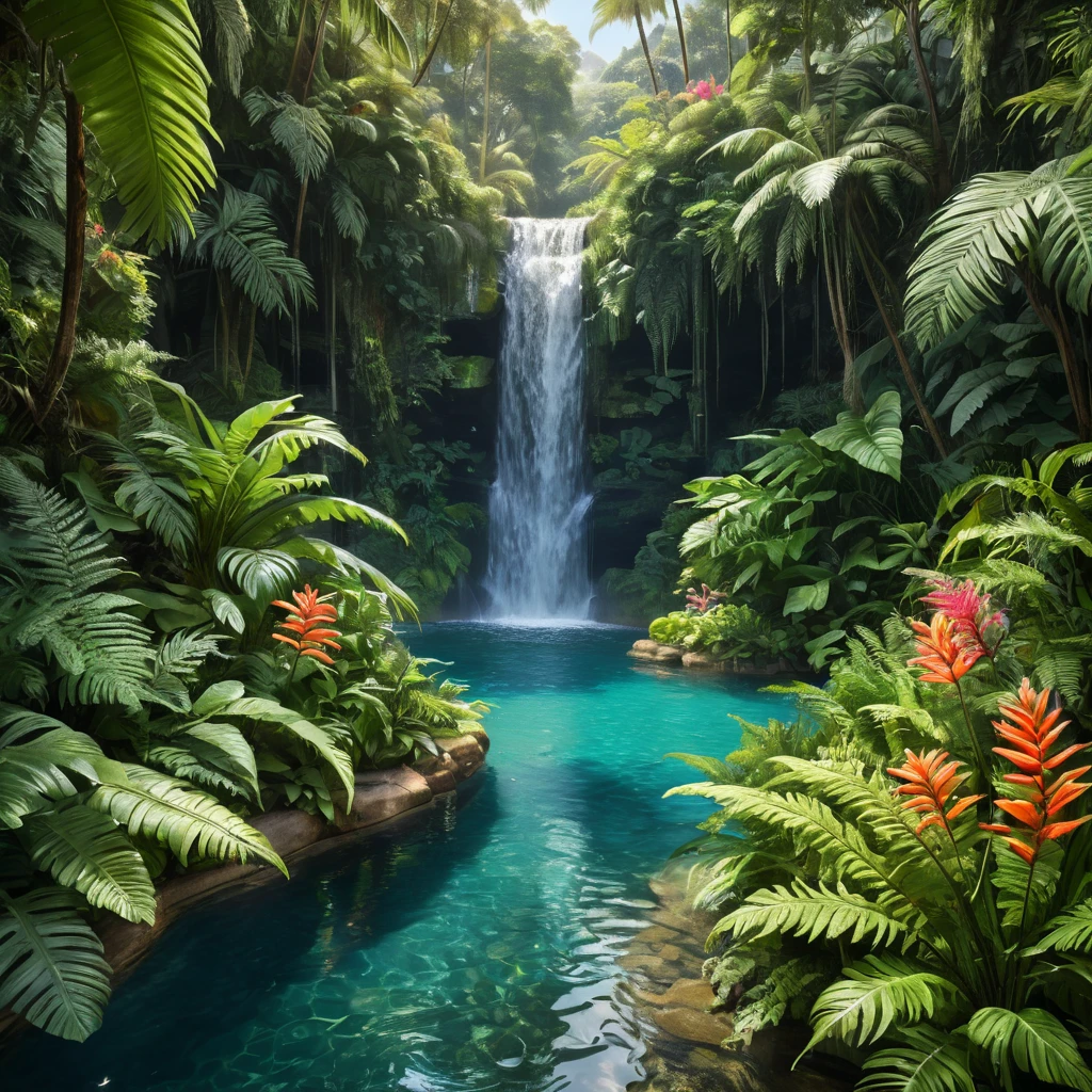 A hidden waterfall cascades into a crystal-clear pool surrounded by vibrant flowers and lush ferns. (Paradise, tropical, hidden oasis, untouched)