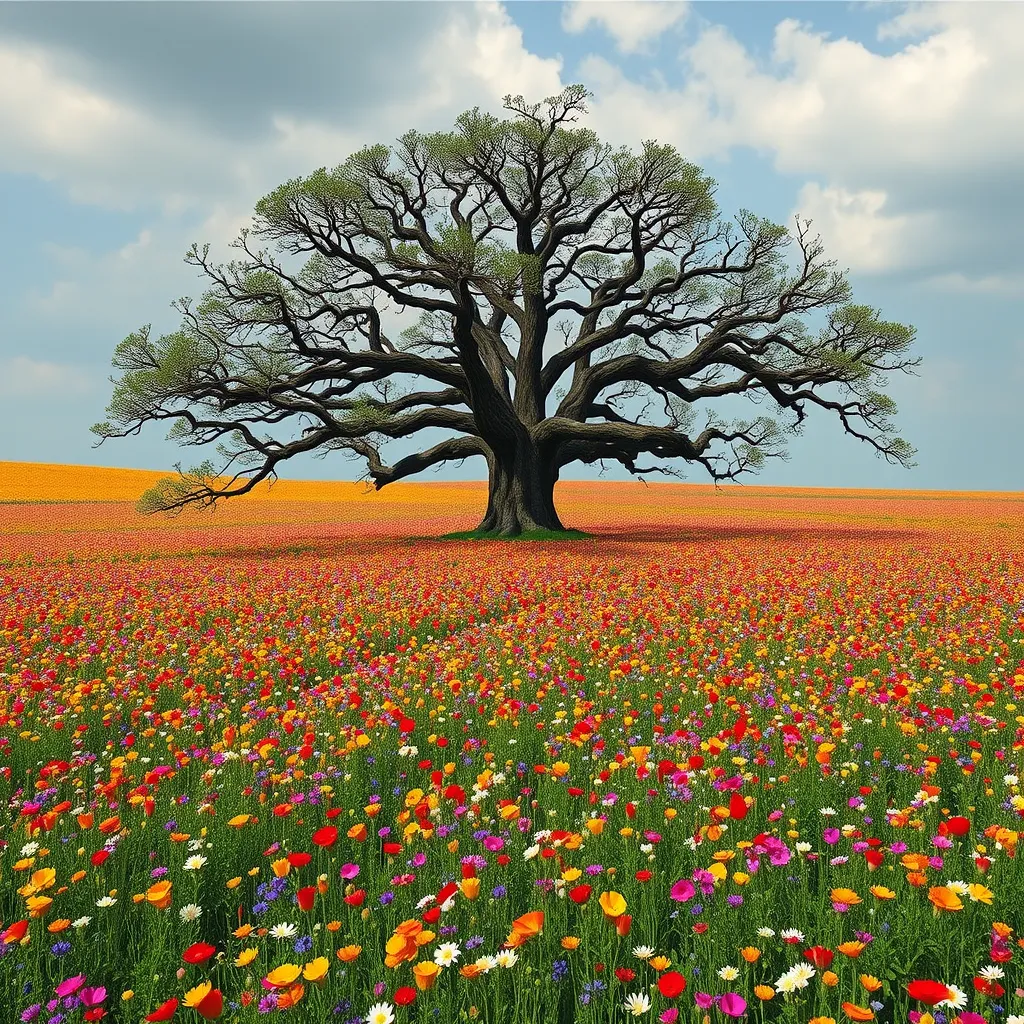 A field of vibrant wildflowers bursting into bloom, stretching as far as the eye can see. A solitary, ancient oak tree stands sentinel, its gnarled branches reaching out like protective arms.
