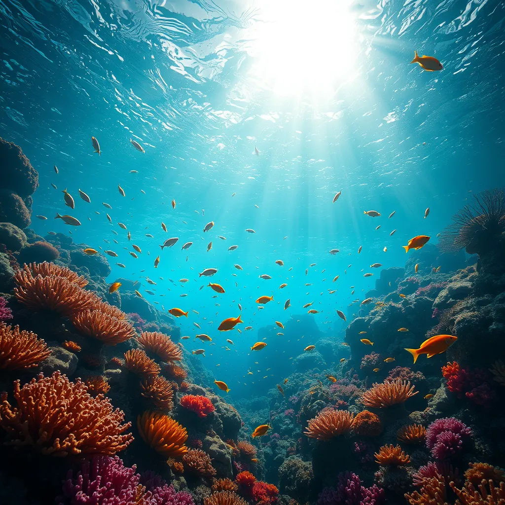 Bio luminescent coral reefs teeming with colorful fish, sunlight filtering through the crystal-clear water, creating dancing patterns of light and shadow, serene and magical
