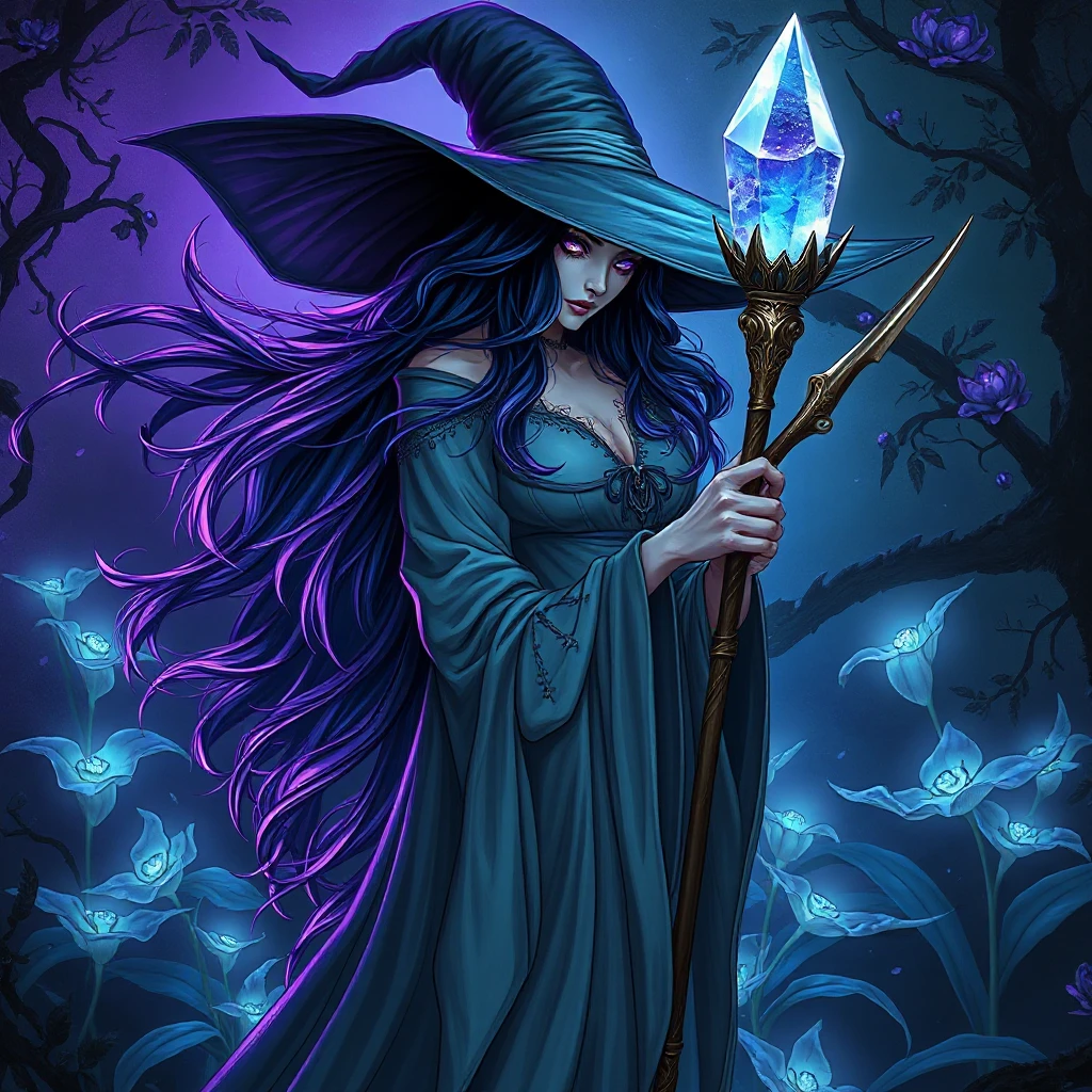 A mysterious witch with deep violet eyes and hair that cascades like a waterfall of ink, standing in a hidden glade filled with bioluminescent plants, her staff topped with a glowing crystal that pulses with ancient magic