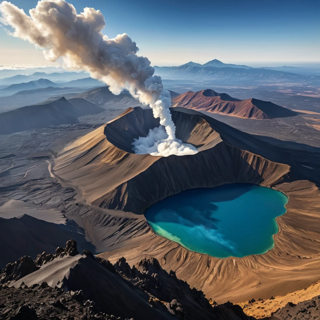 A breathtaking view from the summit of a volcanic peak, with plumes of smoke rising from the crater. Below, a vast, undulating landscape stretches out towards the horizon, dotted with scattered villages.