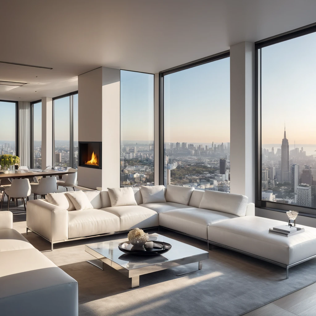 A minimalist living room with a large, panoramic window overlooking a bustling city skyline. Sunlight streams through the window, illuminating a white leather sofa, a sleek coffee table made of polished chrome, and a modern fireplace with a glowing fire.