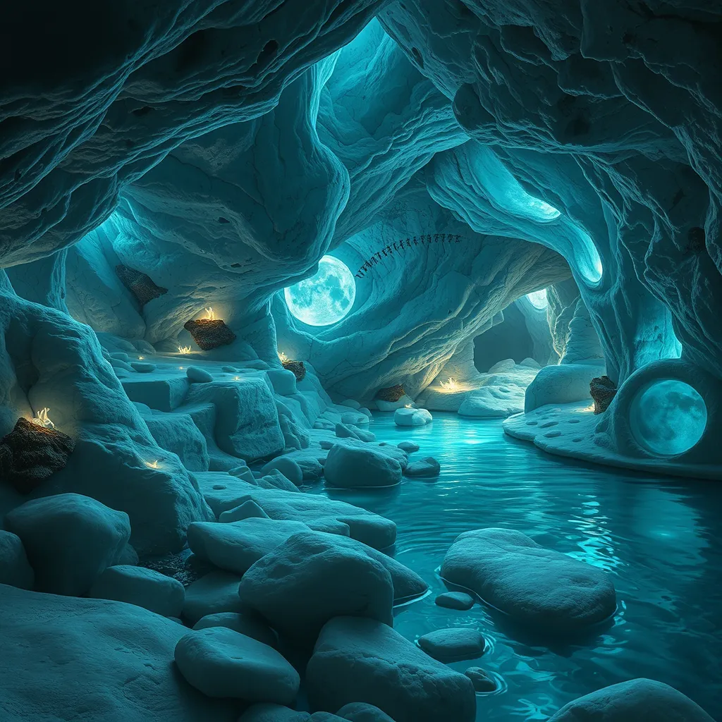 A hidden grotto bathed in ethereal moonlight, with crystal clear water flowing over smooth, white stones. Bioluminescent creatures illuminate the cave walls, casting an otherworldly glow.