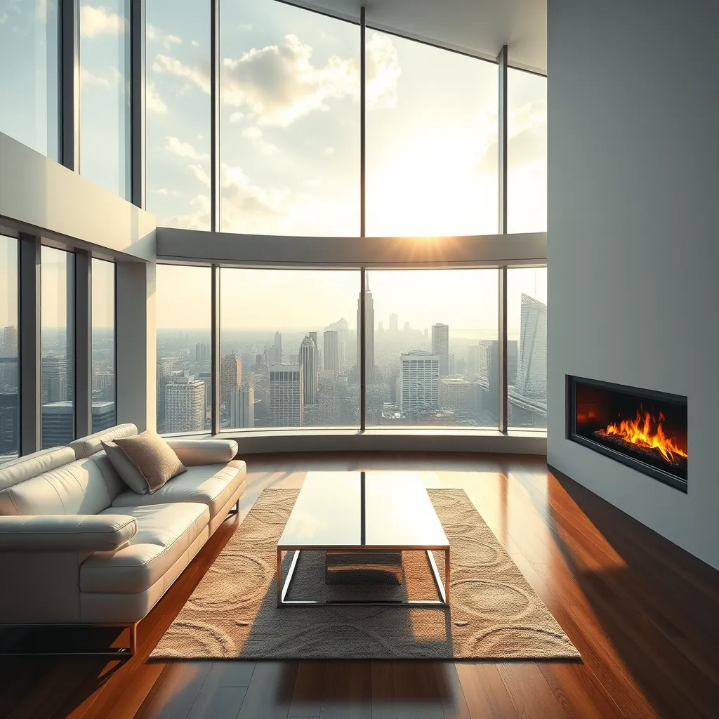 A minimalist living room with a large, panoramic window overlooking a bustling city skyline. Sunlight streams through the window, illuminating a white leather sofa, a sleek coffee table made of polished chrome, and a modern fireplace with a glowing fire.