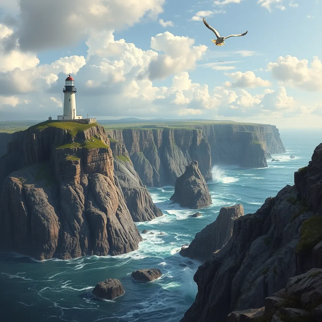 A rugged coastline with towering cliffs carved by the relentless ocean waves, where seabirds soar overhead and a lighthouse stands as a beacon of hope.