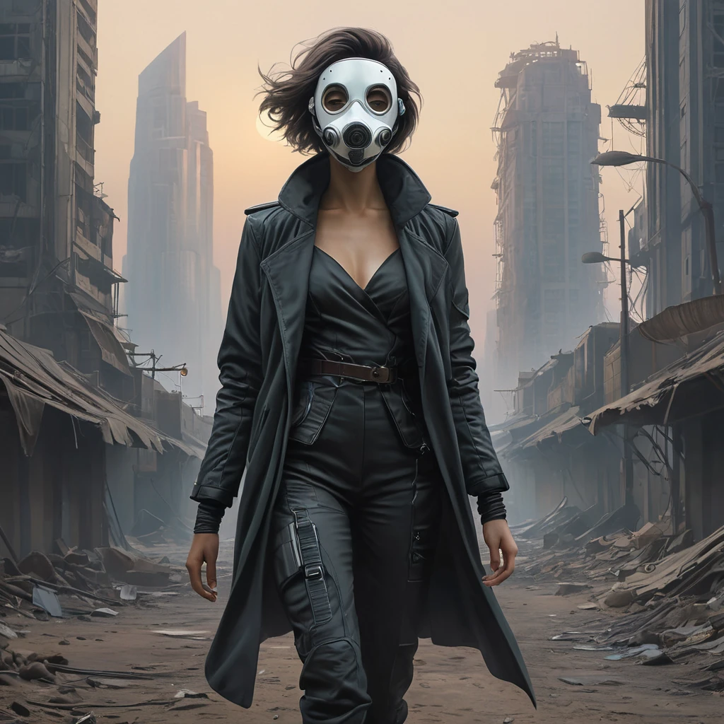A cyberpunk dystopia, a desolate wasteland dotted with crumbling skyscrapers, the air thick with smog and radiation, a lone figure walks through the wasteland, their face obscured by a mask, carrying a flickering lantern.