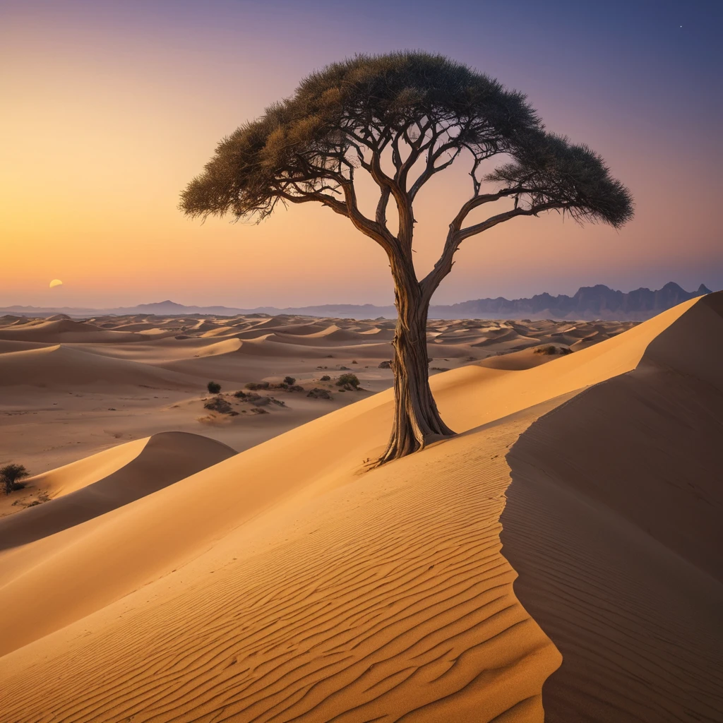 A vast, golden desert under a twilight sky, with dunes stretching endlessly, and a lone, ancient tree standing as a sentinel against the encroaching sands.