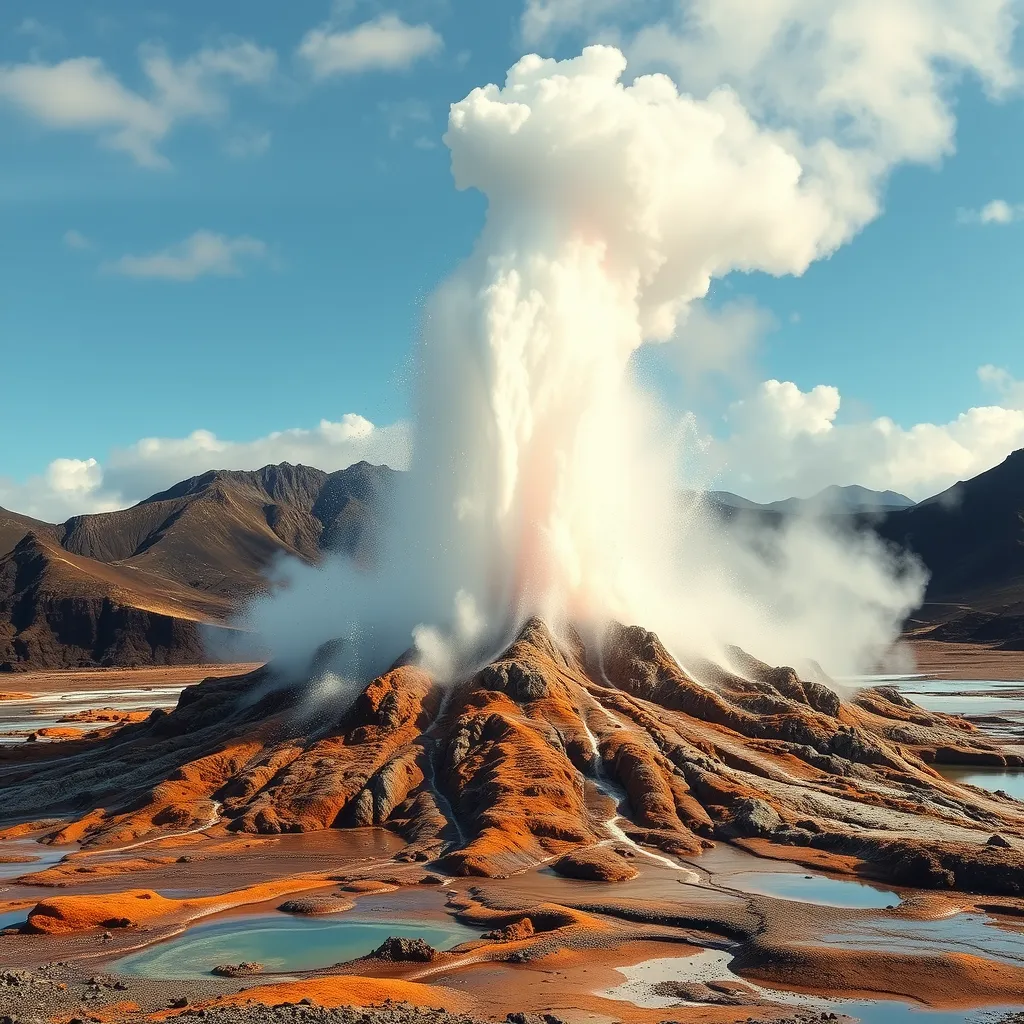 A bubbling geyser erupting in a dramatic display of steam and water, set against a backdrop of a rugged, volcanic landscape.