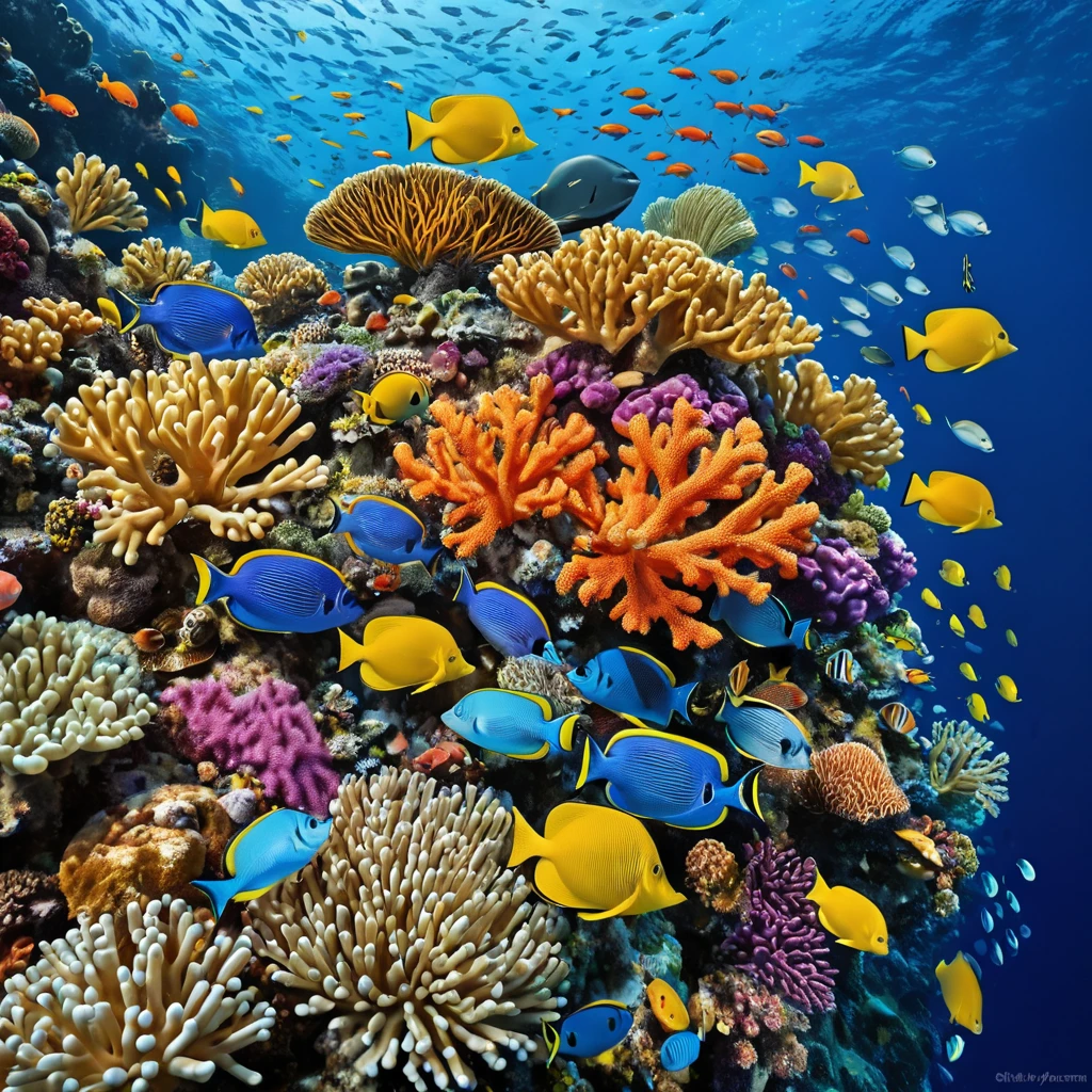 A vibrant coral reef teeming with exotic marine life, where schools of colorful fish dart among the intricate formations of coral, all set against the deep blue ocean.
