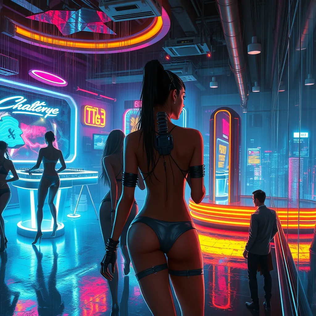 A cyberpunk nightclub, pulsating with neon lights and synthwave music, dancers with cybernetic enhancements move in a hypnotic trance, a holographic DJ spins futuristic beats, a lone figure stares out the window at the rain-soaked city.