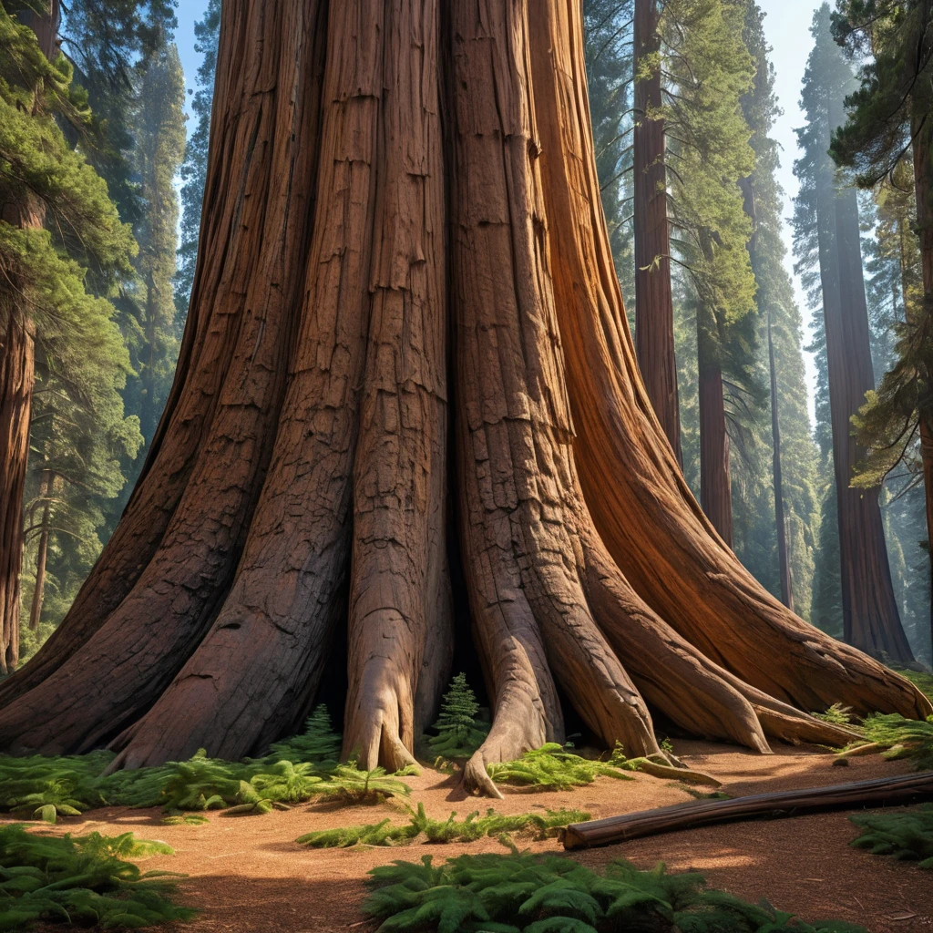 A massive, ancient sequoia tree, its bark deeply furrowed and textured. Sunlight filters through its canopy, illuminating a carpet of fallen needles on the forest floor.