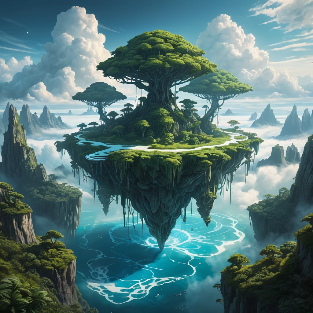 A surreal, otherworldly landscape, with floating islands suspended in a sky filled with swirling clouds. Strange, bioluminescent plants illuminate the scene with an ethereal glow.