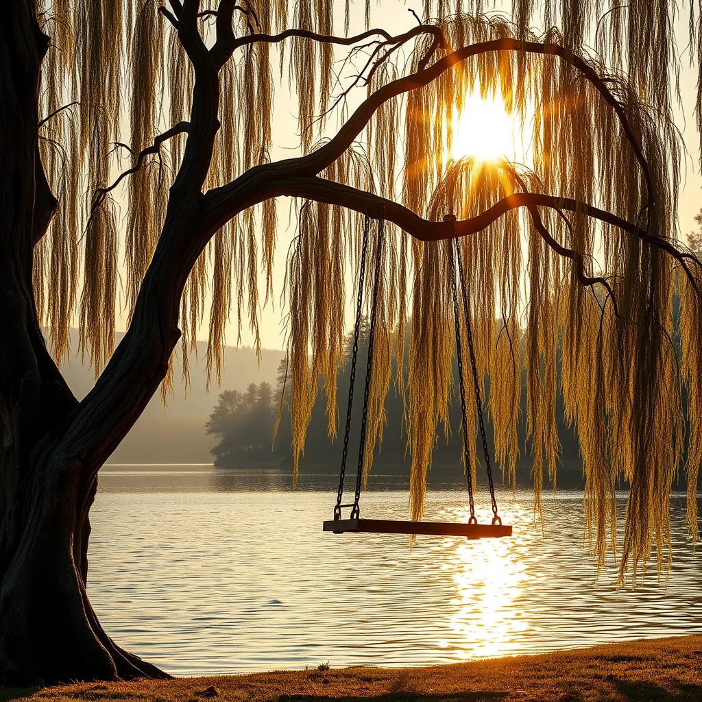 A lone swing hangs from a gnarled willow tree beside a shimmering lake, the setting sun casting golden rays across the water. (Tranquil, serene, peaceful, calming)