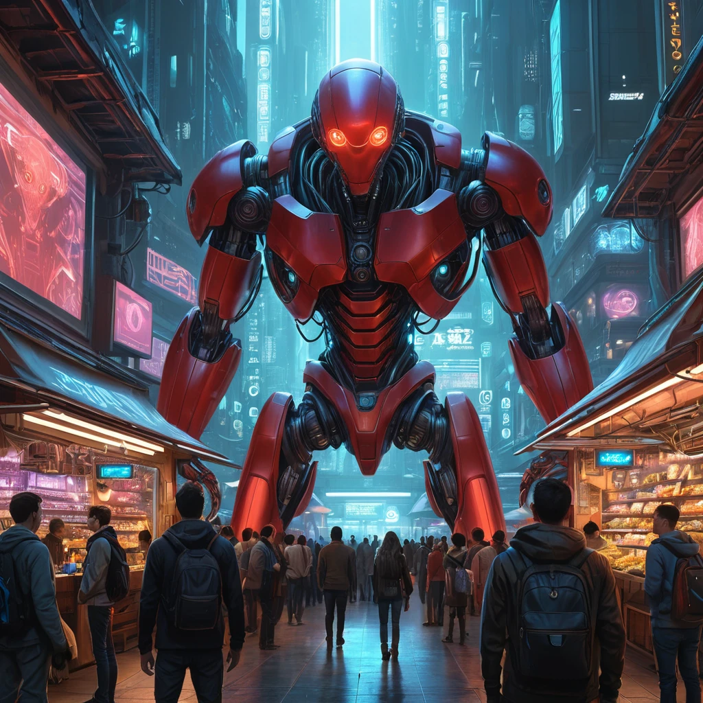 A bustling cyberpunk market, overflowing with vendors selling strange gadgets and bio-engineered goods. In the background, a holographic projection of a monstrous cybernetic creature looms over the crowd, its eyes glowing red.