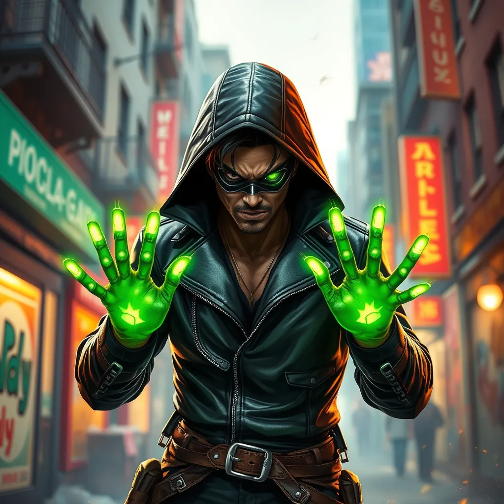 Rogue in a leather jacket, glowing green hands, defiant expression, rebellious attitude, urban setting, street art style, vibrant colors, cinematic lighting