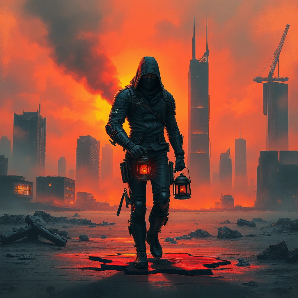 A cyberpunk dystopia, a desolate wasteland dotted with crumbling skyscrapers, the air thick with smog and radiation, a lone figure walks through the wasteland, their face obscured by a mask, carrying a flickering lantern.