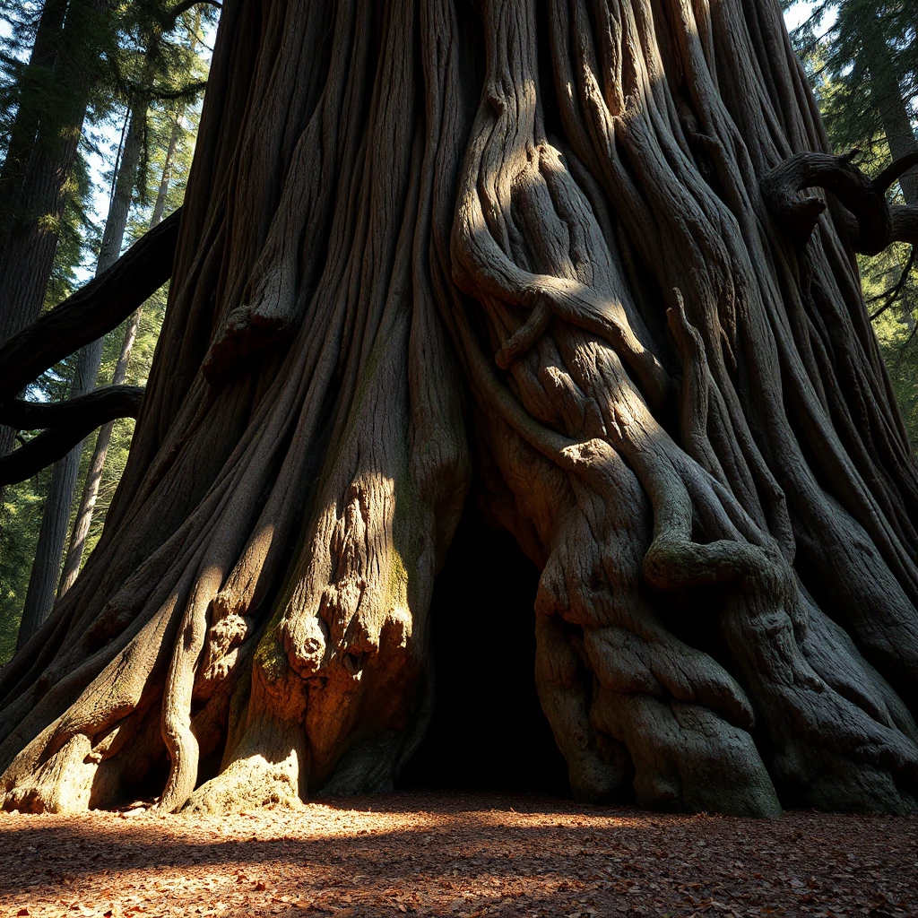 A massive, ancient sequoia tree, its bark deeply furrowed and textured. Sunlight filters through its canopy, illuminating a carpet of fallen needles on the forest floor.