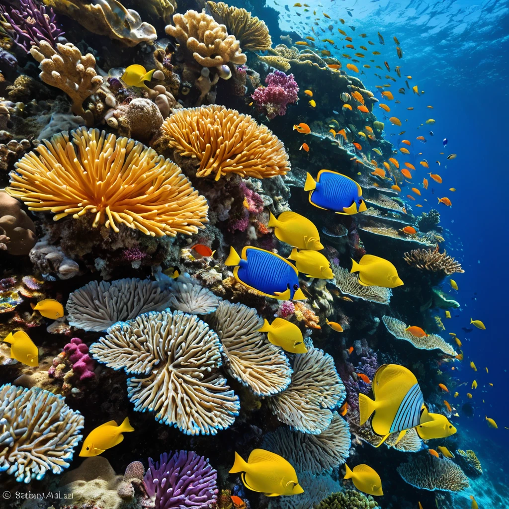 A vibrant coral reef teeming with exotic marine life, where schools of colorful fish dart among the intricate formations of coral, all set against the deep blue ocean.
