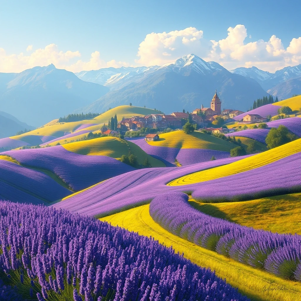 Rolling hills blanketed in lavender fields stretching towards a picturesque village nestled at the foot of snow-capped mountains, soft light, painterly style, calming atmosphere