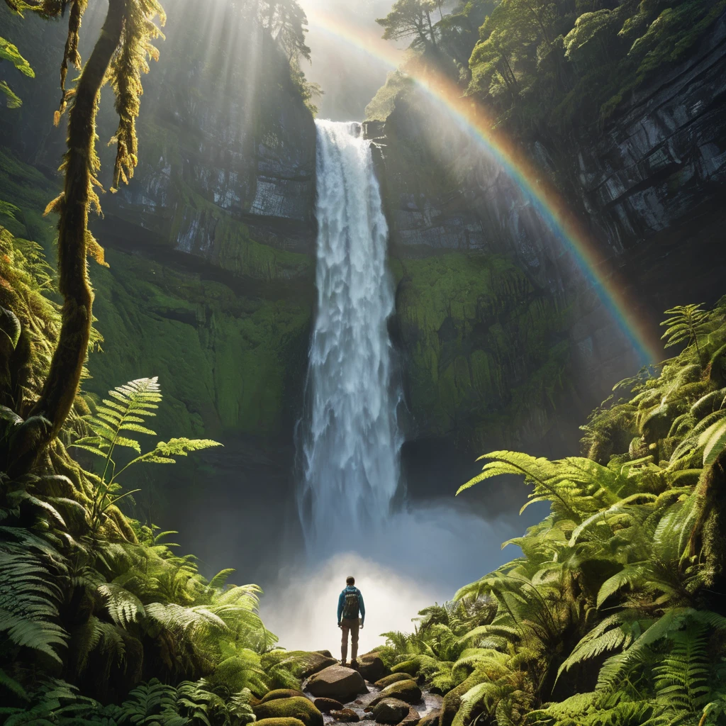 A majestic waterfall cascading down a sheer cliff face, sunlight illuminating the mist, creating a rainbow. Lush ferns and moss adorn the rocks, with a lone hiker silhouetted against the spray.