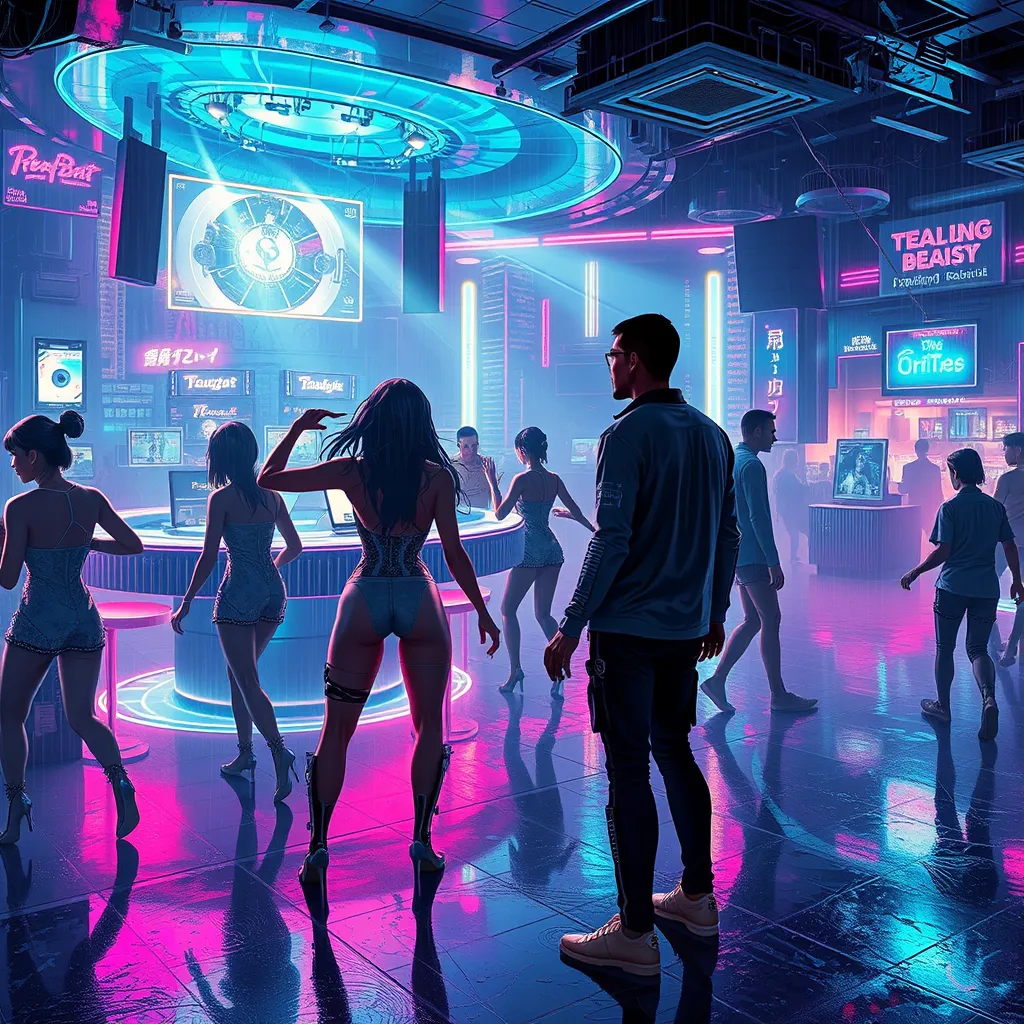A cyberpunk nightclub, pulsating with neon lights and synthwave music, dancers with cybernetic enhancements move in a hypnotic trance, a holographic DJ spins futuristic beats, a lone figure stares out the window at the rain-soaked city.
