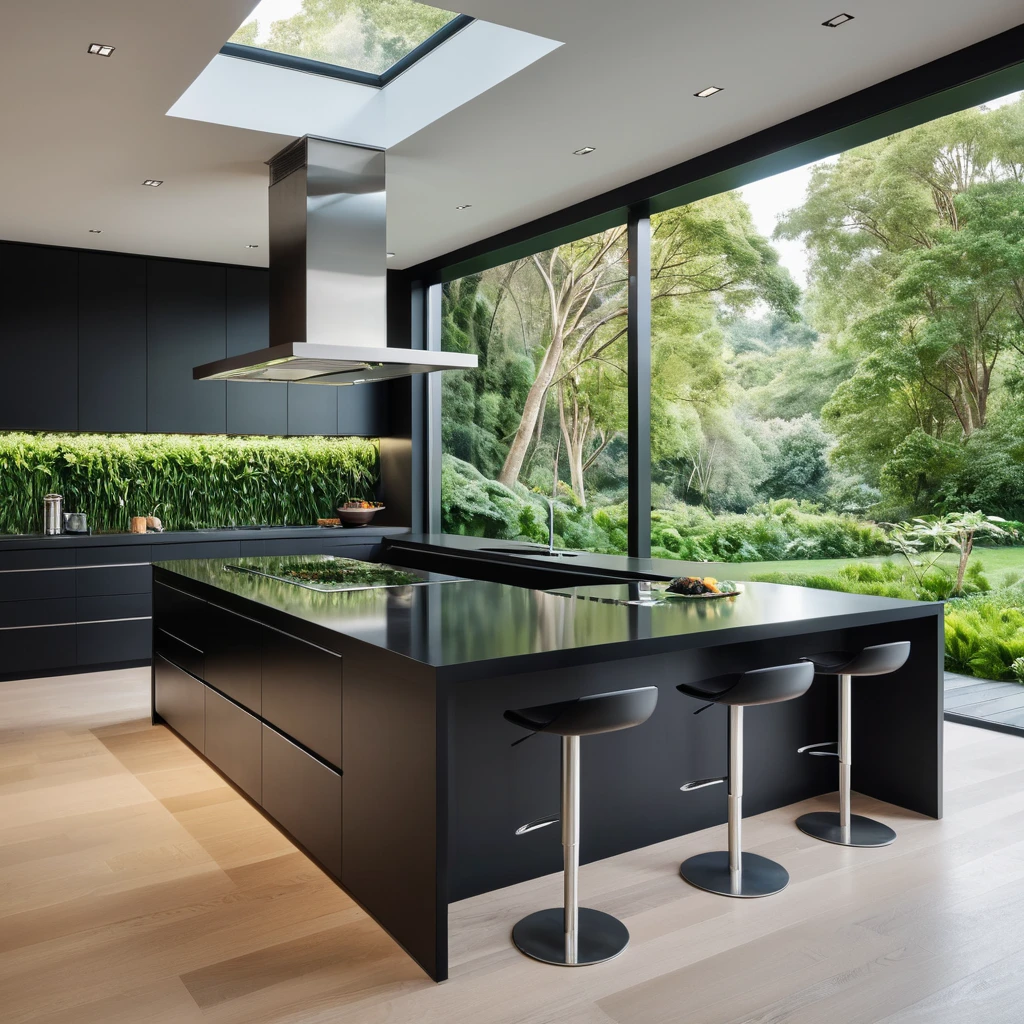 A futuristic kitchen with sleek, black cabinetry, stainless steel appliances, and a large island featuring a built-in induction cooktop and a breakfast bar with high-backed stools. A wall of windows overlooks a verdant garden.