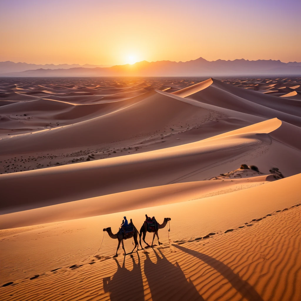 A vast, serene desert landscape at sunset, with towering sand dunes casting long shadows and a lone camel caravan silhouetted against the vibrant orange and purple sky.