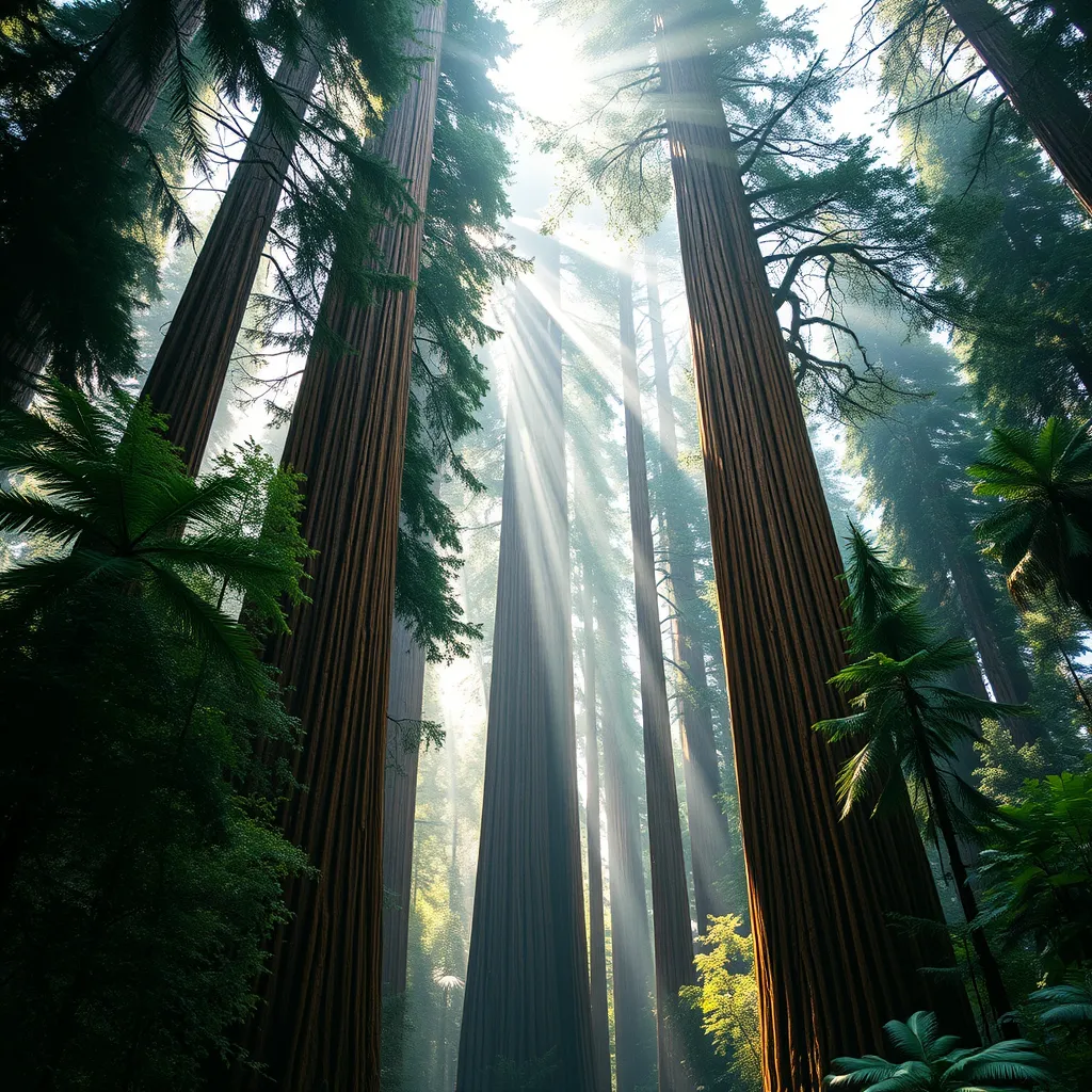 A towering, ancient redwood forest, where the massive trees form a cathedral-like canopy, and shafts of sunlight pierce through the dense foliage.