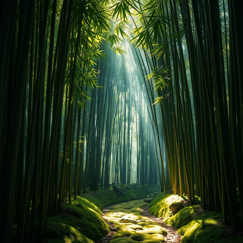 Deep within a bamboo forest, sunlight filters through the leaves, illuminating a moss-covered path. (Zen, meditation, green, ethereal)