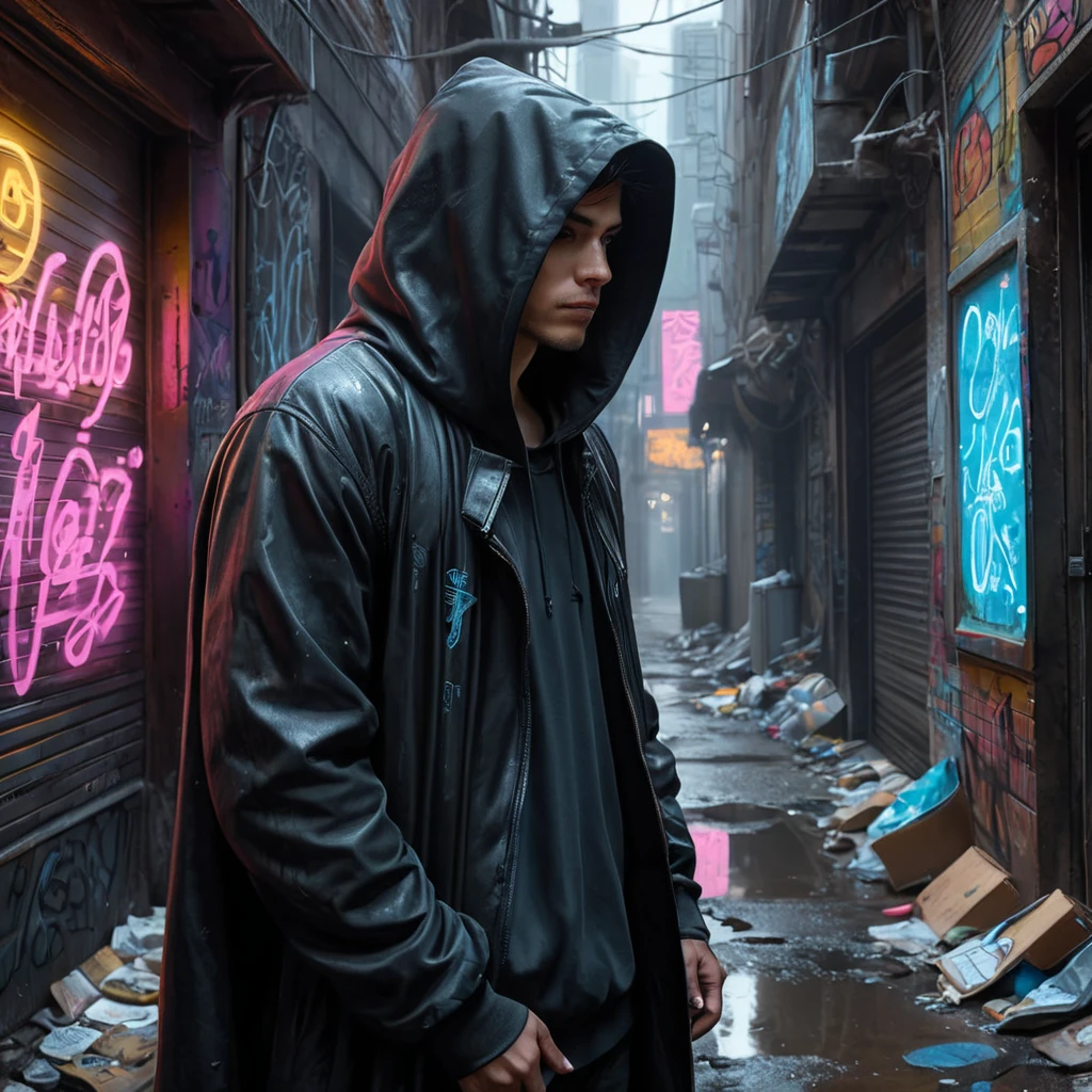 A decaying cyberpunk alleyway, graffiti-covered walls illuminated by flickering neon signs, a lone figure in a hooded cloak sifting through trash, the air thick with the smell of ozone and decay.