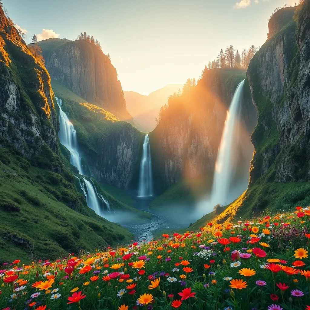 A hidden valley bathed in the golden light of dawn, waterfalls cascading down moss-covered cliffs, a blanket of vibrant wildflowers in the foreground, hyperrealistic, 8k