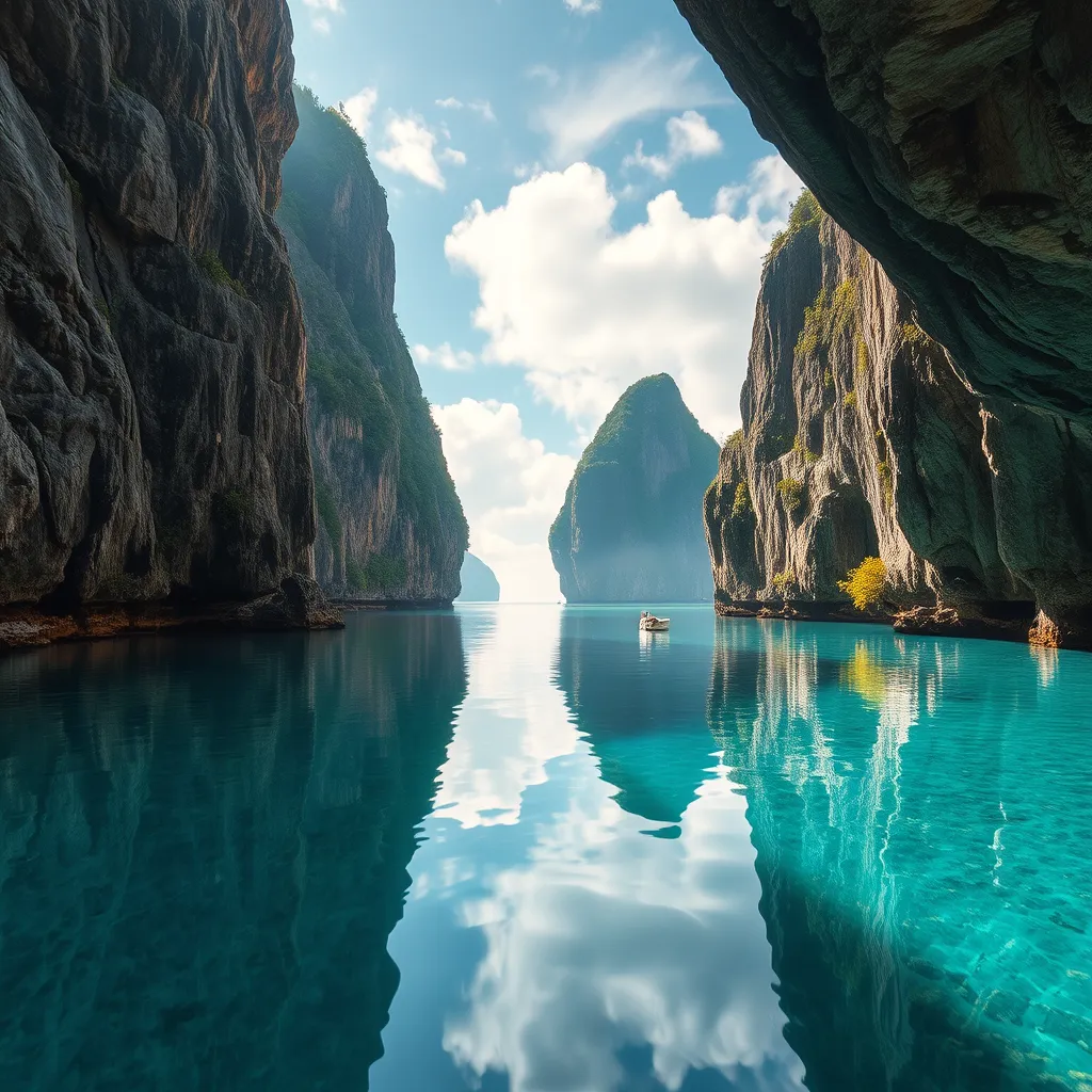 A hidden, crystal-clear lagoon surrounded by towering limestone cliffs, with the water so still it mirrors the sky above, creating a perfect, otherworldly reflection.