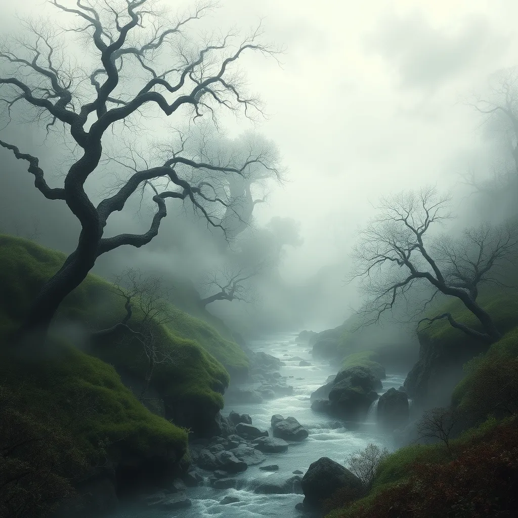 A mystical, fog-covered valley with ancient, twisted trees and a hidden, sparkling river that winds through the mist, revealing hidden waterfalls.